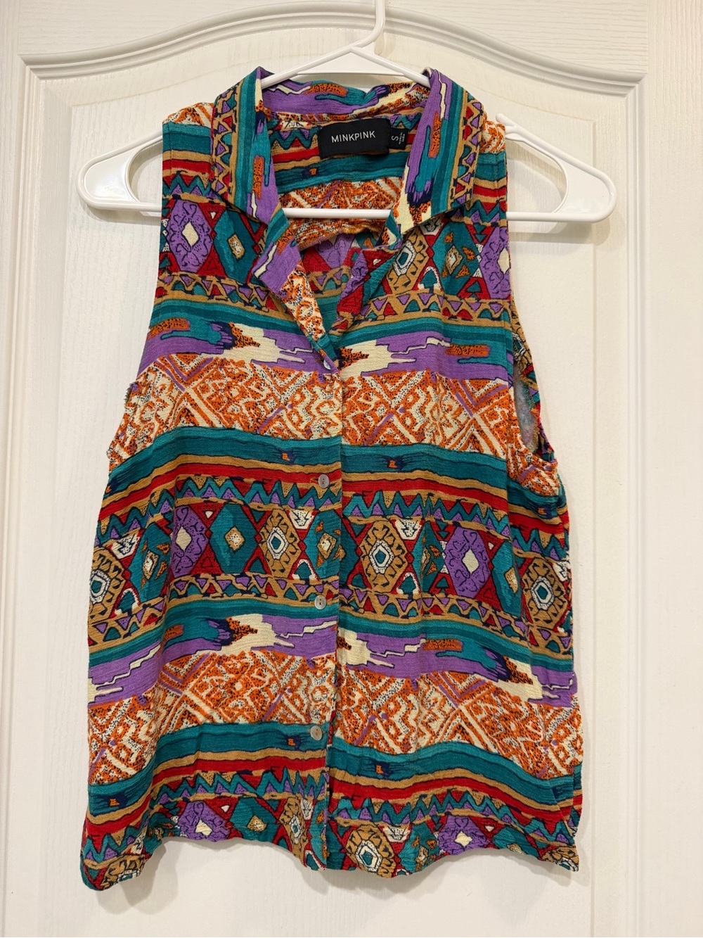 MINKPINK Tribal Aztec Print Sleeveless Button Front Blouse Size Small Boho